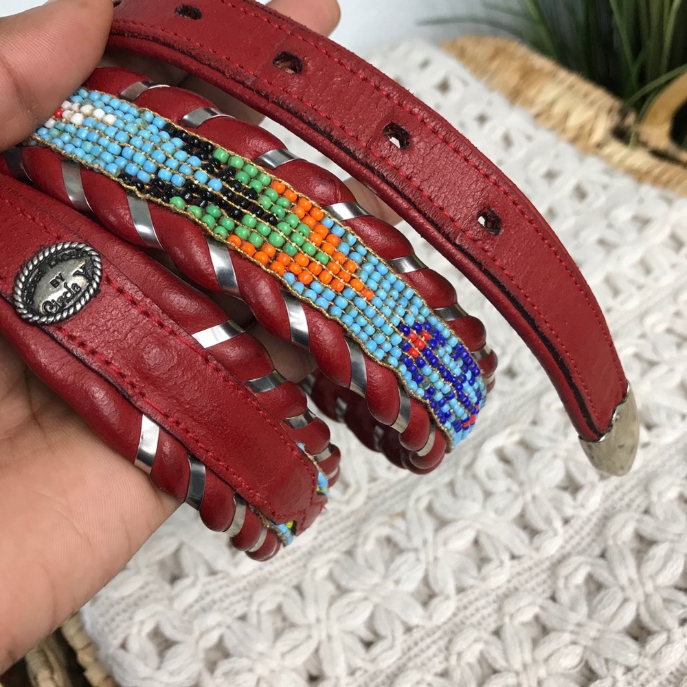 Circle Y Beaded Red Leather Belt Size Medium